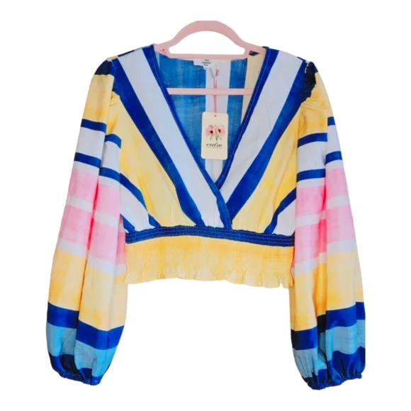 NEW Entro Beach Escapes Multi-Color Vneck Balloon Sleeve Crop Top - Picture 2 of 5